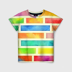 Детская футболка 3D с принтом Bricks Watercolor в Санкт-Петербурге, 100% гипоаллергенный полиэфир | прямой крой, круглый вырез горловины, длина до линии бедер, чуть спущенное плечо, ткань немного тянется | 3d | watercolor | кирпичики | клетка | радуга | текстуры | цветные линии