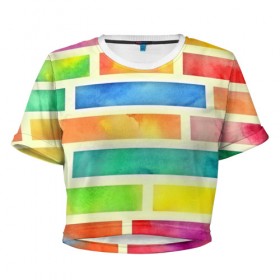 Женская футболка 3D укороченная с принтом Bricks Watercolor в Санкт-Петербурге, 100% полиэстер | круглая горловина, длина футболки до линии талии, рукава с отворотами | 3d | watercolor | кирпичики | клетка | радуга | текстуры | цветные линии