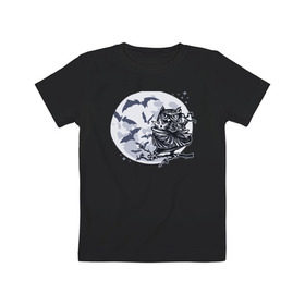Детская футболка хлопок с принтом Сова ниндзя в Санкт-Петербурге, 100% хлопок | круглый вырез горловины, полуприлегающий силуэт, длина до линии бедер | Тематика изображения на принте: ninja | owl | летучие мыши | луна | ночь | сюрикен | филин