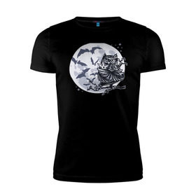 Мужская футболка премиум с принтом Сова ниндзя в Санкт-Петербурге, 92% хлопок, 8% лайкра | приталенный силуэт, круглый вырез ворота, длина до линии бедра, короткий рукав | ninja | owl | летучие мыши | луна | ночь | сюрикен | филин