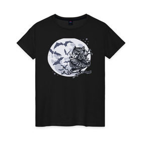 Женская футболка хлопок с принтом Сова ниндзя в Санкт-Петербурге, 100% хлопок | прямой крой, круглый вырез горловины, длина до линии бедер, слегка спущенное плечо | ninja | owl | летучие мыши | луна | ночь | сюрикен | филин