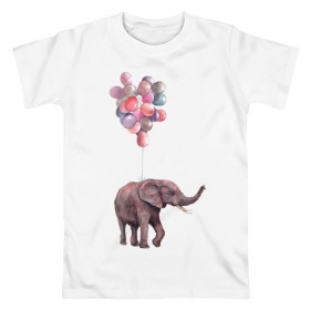 Мужская футболка хлопок с принтом Слоник-подарок в Санкт-Петербурге, 100% хлопок | прямой крой, круглый вырез горловины, длина до линии бедер, слегка спущенное плечо. | Тематика изображения на принте: акварель | воздушные шары | легкость | подарок | слон | слоник | шарики | шары