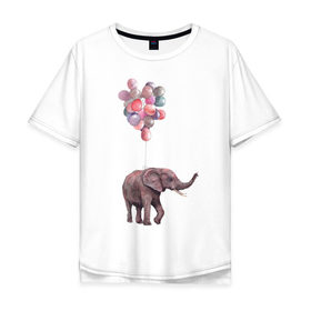 Мужская футболка хлопок Oversize с принтом Слоник-подарок в Санкт-Петербурге, 100% хлопок | свободный крой, круглый ворот, “спинка” длиннее передней части | акварель | воздушные шары | легкость | подарок | слон | слоник | шарики | шары