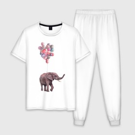Мужская пижама хлопок с принтом Слоник-подарок в Санкт-Петербурге, 100% хлопок | брюки и футболка прямого кроя, без карманов, на брюках мягкая резинка на поясе и по низу штанин
 | акварель | воздушные шары | легкость | подарок | слон | слоник | шарики | шары
