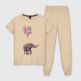 Женская пижама хлопок с принтом Слоник-подарок в Санкт-Петербурге, 100% хлопок | брюки и футболка прямого кроя, без карманов, на брюках мягкая резинка на поясе и по низу штанин | акварель | воздушные шары | легкость | подарок | слон | слоник | шарики | шары