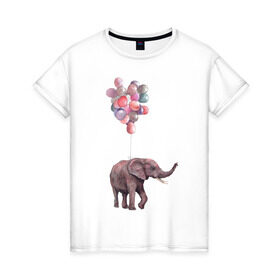 Женская футболка хлопок с принтом Слоник-подарок в Санкт-Петербурге, 100% хлопок | прямой крой, круглый вырез горловины, длина до линии бедер, слегка спущенное плечо | акварель | воздушные шары | легкость | подарок | слон | слоник | шарики | шары
