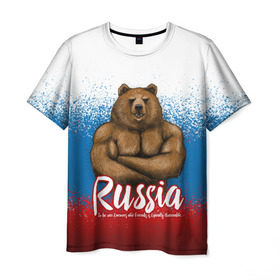 Мужская футболка 3D с принтом Russian Bear в Санкт-Петербурге, 100% полиэфир | прямой крой, круглый вырез горловины, длина до линии бедер | bear | russia | медведь | патриотическая | россия | русский медведь | триколор | флаг рф