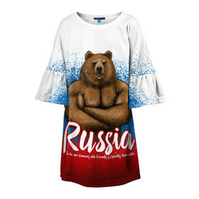 Детское платье 3D с принтом Russian Bear в Санкт-Петербурге, 100% полиэстер | прямой силуэт, чуть расширенный к низу. Круглая горловина, на рукавах — воланы | bear | russia | медведь | патриотическая | россия | русский медведь | триколор | флаг рф