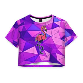 Женская футболка 3D укороченная с принтом Фламинго в Санкт-Петербурге, 100% полиэстер | круглая горловина, длина футболки до линии талии, рукава с отворотами | bird | flyer | fowl | poultry | seabird | triangle | абстракция | животные | птицы | текстуры | тренд | треугольники | фламинго