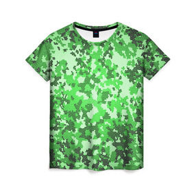 Женская футболка 3D с принтом Камуфляж зеленые соты в Санкт-Петербурге, 100% полиэфир ( синтетическое хлопкоподобное полотно) | прямой крой, круглый вырез горловины, длина до линии бедер | армия | болото | зеленка | зеленый | камок | камуфляж | лес | маскировка | мундир | натовка | охотник | пазл | прикольный | рыбак | солдат | яркий