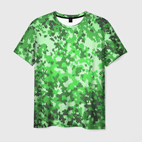 Мужская футболка 3D с принтом Камуфляж зеленые соты в Санкт-Петербурге, 100% полиэфир | прямой крой, круглый вырез горловины, длина до линии бедер | Тематика изображения на принте: армия | болото | зеленка | зеленый | камок | камуфляж | лес | маскировка | мундир | натовка | охотник | пазл | прикольный | рыбак | солдат | яркий