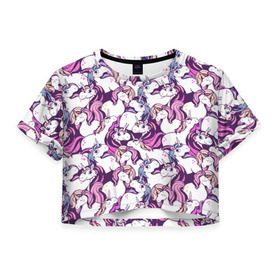 Женская футболка 3D укороченная с принтом unicorn в Санкт-Петербурге, 100% полиэстер | круглая горловина, длина футболки до линии талии, рукава с отворотами | horse | mlp | pony | unicorn | единорог | лошадь | пони