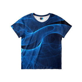 Детская футболка 3D с принтом Дым в Санкт-Петербурге, 100% гипоаллергенный полиэфир | прямой крой, круглый вырез горловины, длина до линии бедер, чуть спущенное плечо, ткань немного тянется | Тематика изображения на принте: волна | лазер | луч | пламя | синий