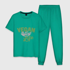 Мужская пижама хлопок с принтом Vegan for Life в Санкт-Петербурге, 100% хлопок | брюки и футболка прямого кроя, без карманов, на брюках мягкая резинка на поясе и по низу штанин
 | green | vegan | yoga | веган | вегетарианец | вегетарианство | витамины | здоровье | зеленый | зож | йога | овощи | фрукты