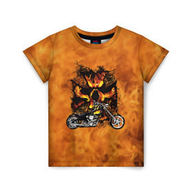 Детская футболка 3D с принтом Череп в огне, байк в Санкт-Петербурге, 100% гипоаллергенный полиэфир | прямой крой, круглый вырез горловины, длина до линии бедер, чуть спущенное плечо, ткань немного тянется | Тематика изображения на принте: байкер | мотоцикл | огонь | череп