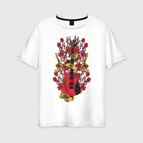 Женская футболка хлопок Oversize с принтом GunsnRoses в Санкт-Петербурге, 100% хлопок | свободный крой, круглый ворот, спущенный рукав, длина до линии бедер
 | guitar | gun | guns | music | rock | rose | roses | гитара | музыка | пистолет | розы | рок