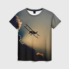 Женская футболка 3D с принтом Покоритель небес в Санкт-Петербурге, 100% полиэфир ( синтетическое хлопкоподобное полотно) | прямой крой, круглый вырез горловины, длина до линии бедер | закат | кукурузник | небо | облака | самолёт | силуэт