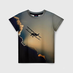 Детская футболка 3D с принтом Покоритель небес в Санкт-Петербурге, 100% гипоаллергенный полиэфир | прямой крой, круглый вырез горловины, длина до линии бедер, чуть спущенное плечо, ткань немного тянется | Тематика изображения на принте: закат | кукурузник | небо | облака | самолёт | силуэт