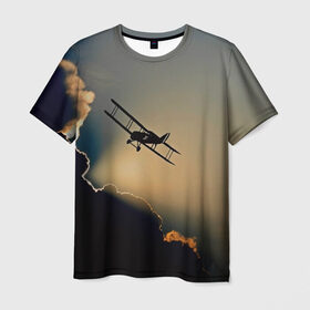 Мужская футболка 3D с принтом Покоритель небес в Санкт-Петербурге, 100% полиэфир | прямой крой, круглый вырез горловины, длина до линии бедер | закат | кукурузник | небо | облака | самолёт | силуэт