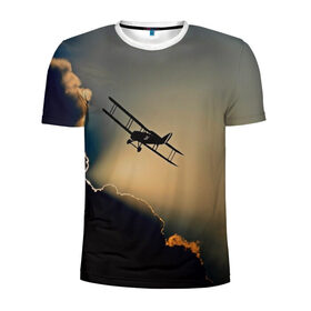 Мужская футболка 3D спортивная с принтом Покоритель небес в Санкт-Петербурге, 100% полиэстер с улучшенными характеристиками | приталенный силуэт, круглая горловина, широкие плечи, сужается к линии бедра | закат | кукурузник | небо | облака | самолёт | силуэт