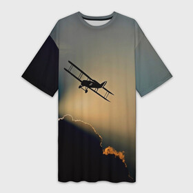 Платье-футболка 3D с принтом Покоритель небес в Санкт-Петербурге,  |  | закат | кукурузник | небо | облака | самолёт | силуэт