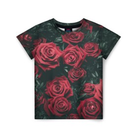 Детская футболка 3D с принтом Бархатные розы в Санкт-Петербурге, 100% гипоаллергенный полиэфир | прямой крой, круглый вырез горловины, длина до линии бедер, чуть спущенное плечо, ткань немного тянется | бархат | бутоны | роза | розы | цветы