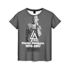 Женская футболка 3D с принтом Честер Беннингтон в Санкт-Петербурге, 100% полиэфир ( синтетическое хлопкоподобное полотно) | прямой крой, круглый вырез горловины, длина до линии бедер | bennington | chester | linkin | park | rip | беннингтон | честер