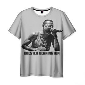 Мужская футболка 3D с принтом Честер Беннингтон в Санкт-Петербурге, 100% полиэфир | прямой крой, круглый вырез горловины, длина до линии бедер | Тематика изображения на принте: bennington | chester | linkin | park | rip | беннингтон | рок | честер