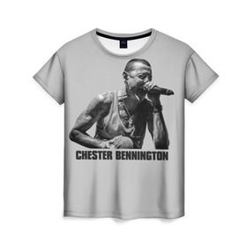 Женская футболка 3D с принтом Честер Беннингтон в Санкт-Петербурге, 100% полиэфир ( синтетическое хлопкоподобное полотно) | прямой крой, круглый вырез горловины, длина до линии бедер | bennington | chester | linkin | park | rip | беннингтон | рок | честер