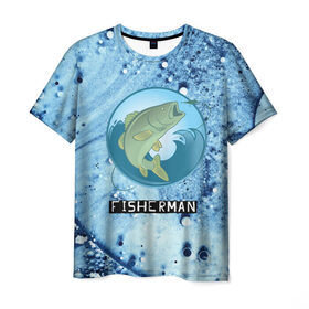 Мужская футболка 3D с принтом FisherMan в Санкт-Петербурге, 100% полиэфир | прямой крой, круглый вырез горловины, длина до линии бедер | baitbest | bottom | driftwood | fisherman | fishing | fishwaterhook | pike | river | вода | дно | коряга | крючок | лучший рыбак | наживка | река | рыба | рыбалка | щука