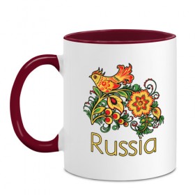 Кружка двухцветная с принтом Россия - наша страна в Санкт-Петербурге, керамика | объем — 330 мл, диаметр — 80 мм. Цветная ручка и кайма сверху, в некоторых цветах — вся внутренняя часть | russia | патриотизм | россия