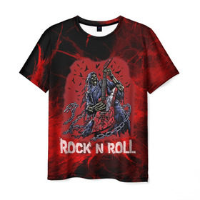 Мужская футболка 3D с принтом Мертвый гитарист в Санкт-Петербурге, 100% полиэфир | прямой крой, круглый вырез горловины, длина до линии бедер | Тематика изображения на принте: rock | ворон | гитара | гитарист | жанр | космос | красный | мертвец | металл | музыка | надпись | панк | песня | птицы | рок | рок н рол | скелет | стиль | хард | хой | цепи | череп | я люблю рок