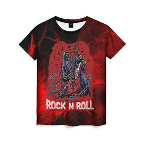 Женская футболка 3D с принтом Мертвый гитарист в Санкт-Петербурге, 100% полиэфир ( синтетическое хлопкоподобное полотно) | прямой крой, круглый вырез горловины, длина до линии бедер | rock | ворон | гитара | гитарист | жанр | космос | красный | мертвец | металл | музыка | надпись | панк | песня | птицы | рок | рок н рол | скелет | стиль | хард | хой | цепи | череп | я люблю рок