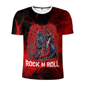 Мужская футболка 3D спортивная с принтом Мертвый гитарист в Санкт-Петербурге, 100% полиэстер с улучшенными характеристиками | приталенный силуэт, круглая горловина, широкие плечи, сужается к линии бедра | rock | ворон | гитара | гитарист | жанр | космос | красный | мертвец | металл | музыка | надпись | панк | песня | птицы | рок | рок н рол | скелет | стиль | хард | хой | цепи | череп | я люблю рок