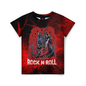 Детская футболка 3D с принтом Мертвый гитарист в Санкт-Петербурге, 100% гипоаллергенный полиэфир | прямой крой, круглый вырез горловины, длина до линии бедер, чуть спущенное плечо, ткань немного тянется | rock | ворон | гитара | гитарист | жанр | космос | красный | мертвец | металл | музыка | надпись | панк | песня | птицы | рок | рок н рол | скелет | стиль | хард | хой | цепи | череп | я люблю рок