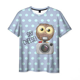 Мужская футболка 3D с принтом Say CHEESE! в Санкт-Петербурге, 100% полиэфир | прямой крой, круглый вырез горловины, длина до линии бедер | 3d | арт | горошек | животное | кружочек | надпись | птицы | сова | текстура