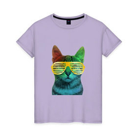 Женская футболка хлопок с принтом Кот в очках в Санкт-Петербурге, 100% хлопок | прямой крой, круглый вырез горловины, длина до линии бедер, слегка спущенное плечо | cat | kitty | space | животные | космос | кот | котенок | кошка | очки | радуга | цвет