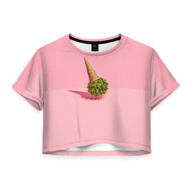 Женская футболка 3D укороченная с принтом Ванильный Кактус в Санкт-Петербурге, 100% полиэстер | круглая горловина, длина футболки до линии талии, рукава с отворотами | вафля | вкусняшка | еда | жара | иголки | кактусы | картина | лед | лето | мимими | мороженка | мороженое | необычный | пломбир | растение | рожок | розовый | сладкое | сюрреализм | тень | эскимо