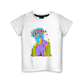 Детская футболка хлопок с принтом Catzilla в Санкт-Петербурге, 100% хлопок | круглый вырез горловины, полуприлегающий силуэт, длина до линии бедер | cat | city | ufo | вторжение | город | кот | котик | лазер | лучи | монстр | нло | торнадо