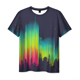 Мужская футболка 3D с принтом Северное сияние в Санкт-Петербурге, 100% полиэфир | прямой крой, круглый вырез горловины, длина до линии бедер | бор | деревья | звездное | звезды | зеленый | кислота | кислотный | красный | лес | лучи | небо | ночь | природа | радужный | свет | север | тайга