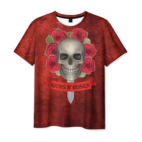 Мужская футболка 3D с принтом Gans N Roses в Санкт-Петербурге, 100% полиэфир | прямой крой, круглый вырез горловины, длина до линии бедер | Тематика изображения на принте: gans n roses | группа | исполнители | меч | музыка | песни | розы | рок группа | череп