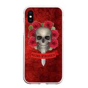 Чехол для iPhone XS Max матовый с принтом Gans N Roses в Санкт-Петербурге, Силикон | Область печати: задняя сторона чехла, без боковых панелей | gans n roses | группа | исполнители | меч | музыка | песни | розы | рок группа | череп