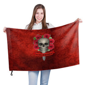 Флаг 3D с принтом Gans N Roses в Санкт-Петербурге, 100% полиэстер | плотность ткани — 95 г/м2, размер — 67 х 109 см. Принт наносится с одной стороны | gans n roses | группа | исполнители | меч | музыка | песни | розы | рок группа | череп
