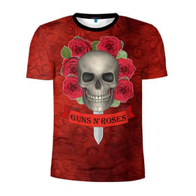Мужская футболка 3D спортивная с принтом Gans N Roses в Санкт-Петербурге, 100% полиэстер с улучшенными характеристиками | приталенный силуэт, круглая горловина, широкие плечи, сужается к линии бедра | gans n roses | группа | исполнители | меч | музыка | песни | розы | рок группа | череп