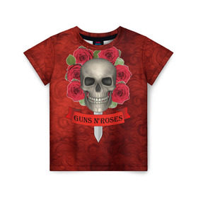 Детская футболка 3D с принтом Gans N Roses в Санкт-Петербурге, 100% гипоаллергенный полиэфир | прямой крой, круглый вырез горловины, длина до линии бедер, чуть спущенное плечо, ткань немного тянется | gans n roses | группа | исполнители | меч | музыка | песни | розы | рок группа | череп