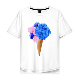 Мужская футболка хлопок Oversize с принтом Мороженое букет в Санкт-Петербурге, 100% хлопок | свободный крой, круглый ворот, “спинка” длиннее передней части | flowers | василек | вафля | гортензия | магнолия | рожок | розовый | синий | цветы