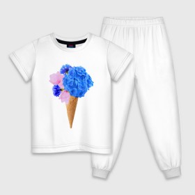 Детская пижама хлопок с принтом Мороженое букет в Санкт-Петербурге, 100% хлопок |  брюки и футболка прямого кроя, без карманов, на брюках мягкая резинка на поясе и по низу штанин
 | flowers | василек | вафля | гортензия | магнолия | рожок | розовый | синий | цветы