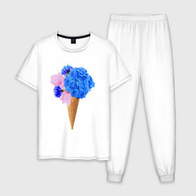 Мужская пижама хлопок с принтом Мороженое букет в Санкт-Петербурге, 100% хлопок | брюки и футболка прямого кроя, без карманов, на брюках мягкая резинка на поясе и по низу штанин
 | flowers | василек | вафля | гортензия | магнолия | рожок | розовый | синий | цветы