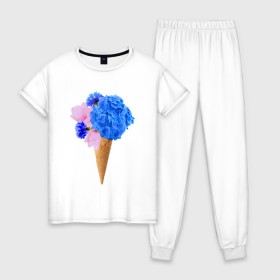 Женская пижама хлопок с принтом Мороженое букет в Санкт-Петербурге, 100% хлопок | брюки и футболка прямого кроя, без карманов, на брюках мягкая резинка на поясе и по низу штанин | flowers | василек | вафля | гортензия | магнолия | рожок | розовый | синий | цветы