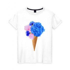 Женская футболка хлопок с принтом Мороженое букет в Санкт-Петербурге, 100% хлопок | прямой крой, круглый вырез горловины, длина до линии бедер, слегка спущенное плечо | Тематика изображения на принте: flowers | василек | вафля | гортензия | магнолия | рожок | розовый | синий | цветы